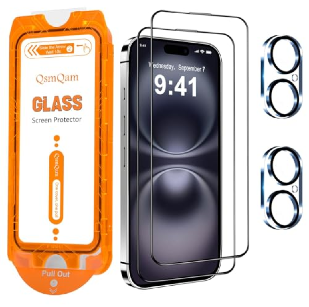 3 Pack QsmQam for iPhone 16 Pro Screen Protector + Camera Lens Protector, [Military Grade Shatterproof], Ultra Top 9H+ Tempered Glass, Full Coverage Screen, with Automatic Dust Removal [2+2 Pack]