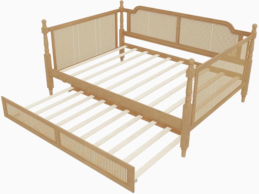 Merax Full Bedframe with Full Size Trundle and Footboard, Vintage Wooden Daybed Platform Bed with Natural Rattan Headboard, Noise-Free, No Box Spring Needed, Antique Walnut