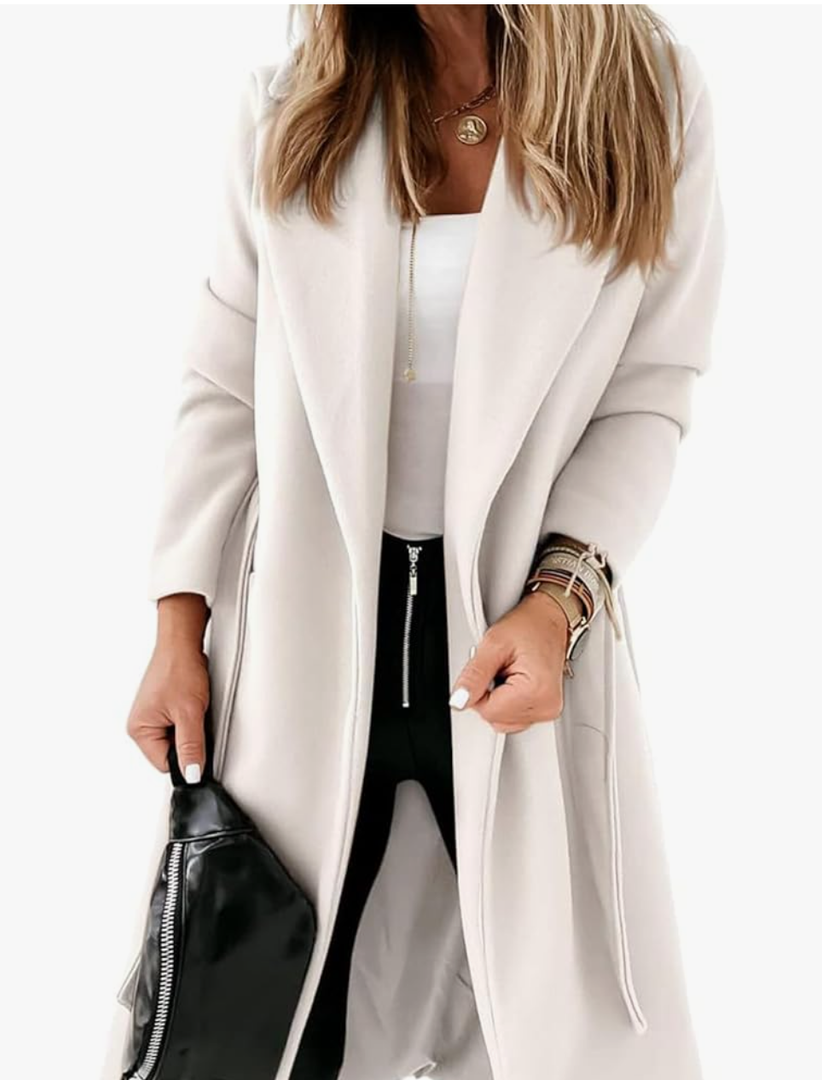 Tankaneo Womens Notched Lapel Collar Coats Open Front Long Jackets Overcoat with Belt Small