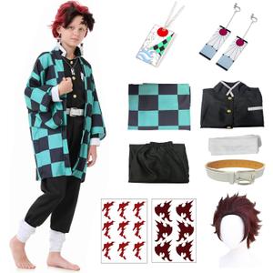 Anime Kimono Costumes Men Boys Halloween Cosplay Green Outfits Cape Festival Uniform Dress Up with Wig (Kids 140)