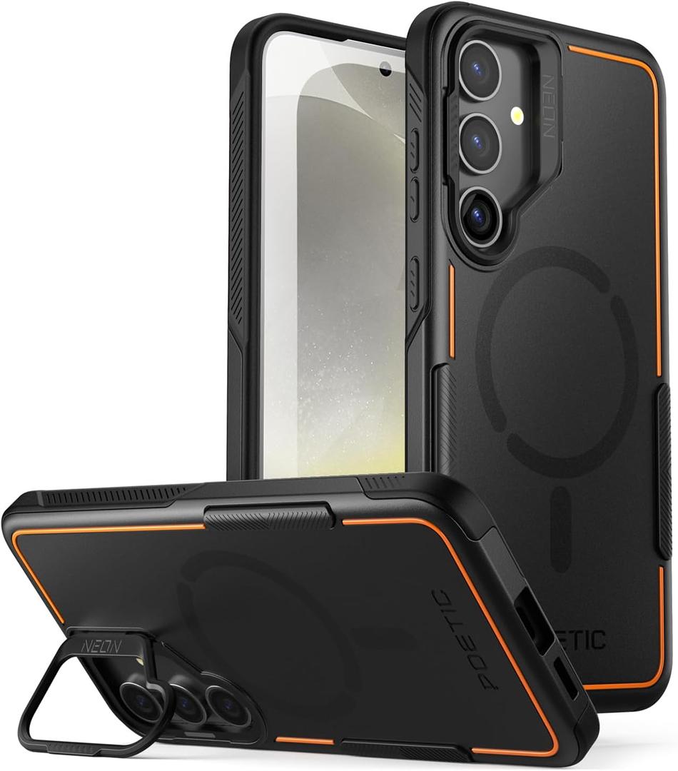 Poetic Neon Case Compatible with Galaxy S24 Plus 6.7", [Built-in Camera Stand] [Compatible with MagSafe], Dual Layer Rugged Slim Shockproof Protective Cover, Black