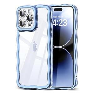 SKYLMW Compatible with iPhone 14 Pro Case, Kawaii Cute Curly Wave Frame Luxury Plating Edge, Stylish Glossy Clear Back, Soft TPU Shockproof Protective Cases for iPhone 14 Pro, Blue