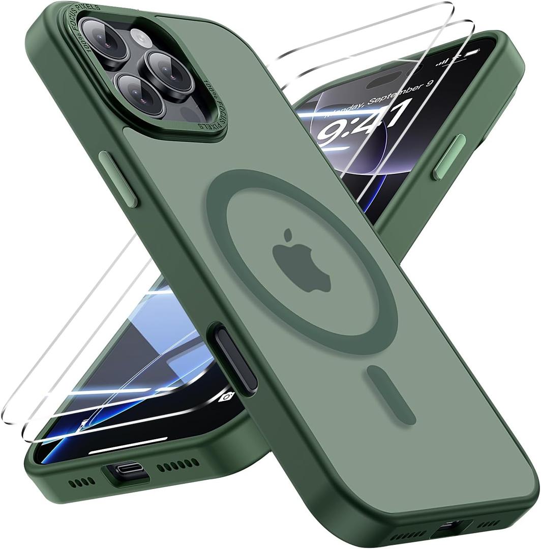 for iPhone 16 pro max Case with 2X Screen Protectors [Compatible with MagSafe] Military Grade Drop Protection Back Cover Shockproof Slim Fit for iPhone 16 pro max Phone Case 6.9 inch,Green