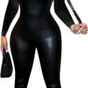 ksotutm Long Sleeve Jumpsuit for Women Sexy Leather Bodycon One Piece Black Jumpsuit Party Club Jumpsuits (X-Large, A2-black)