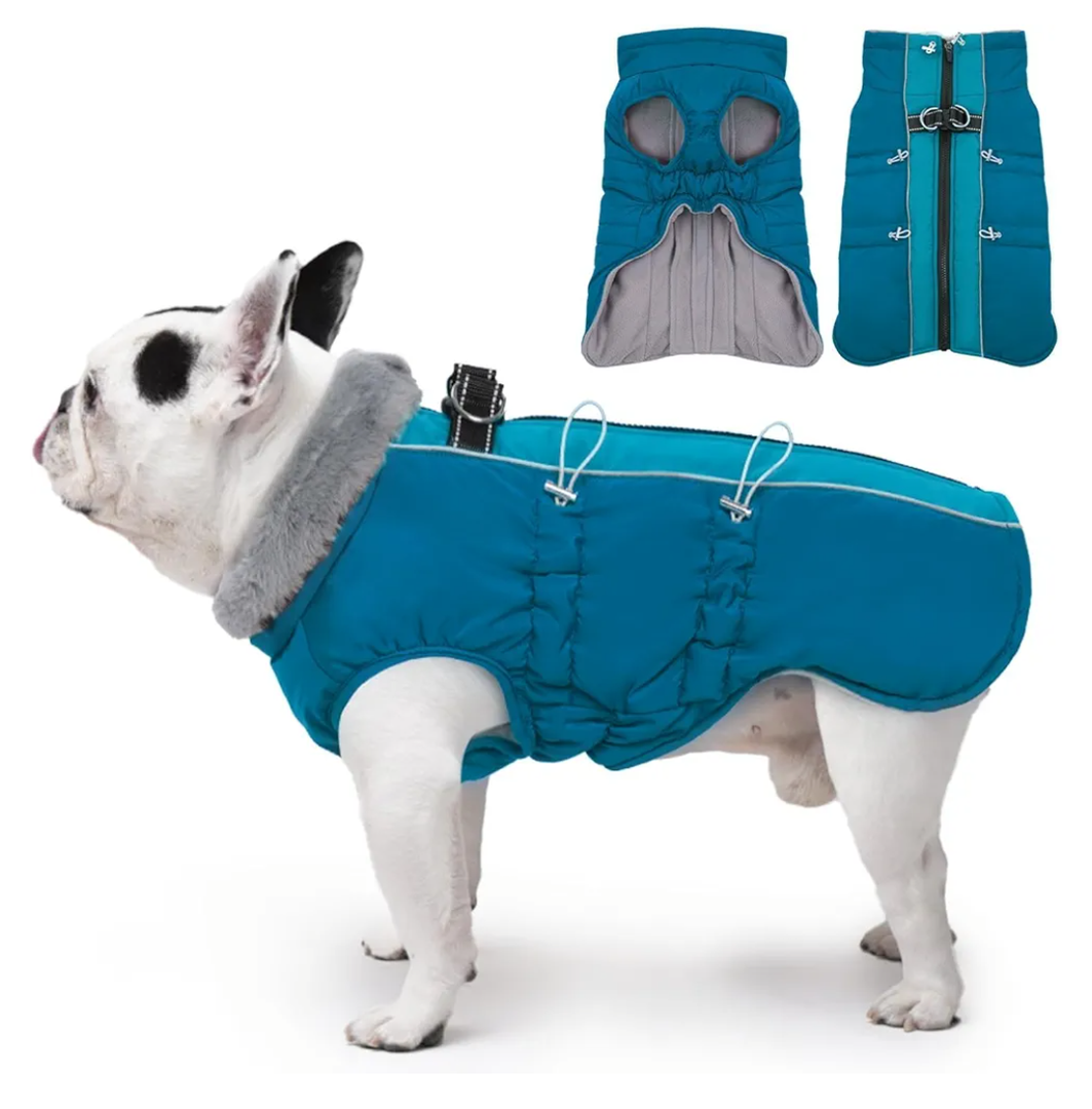 Dog Winter Jacket - Large, Warm Zip Up Snowsuit Dog Harness Vest, Reflective, Water-Resistant, Green L
