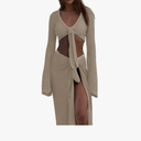 Crochet Two Piece Set Coverups Crop V Neck Long Sleeve Shirt Hollow Out Split Wrap Skirt Sexy Beach Sets Small