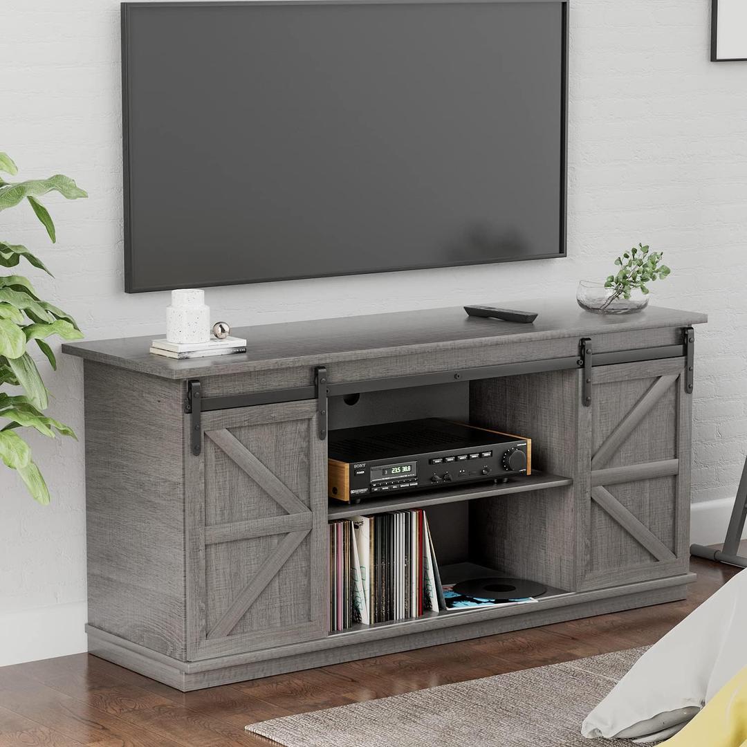 YESHOMY TV Stand for Televisions up to 65 Inchs, with Sliding Barn Doors and Storage Cabinets, Console Table and Media Furniture for Living Room, 58 Inch, Gray (Grey)