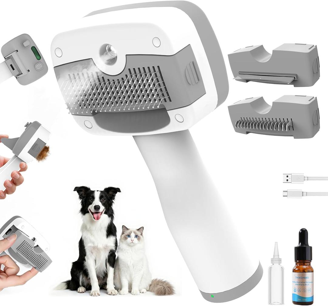 Pet Steam Brush for Dogs & Cats | Self-Cleaning Dog Steam Brush with 3 Brushes & Spray Function | Cat Steam Brush for Shedding, Dematting & Grooming | Includes Pet Essence