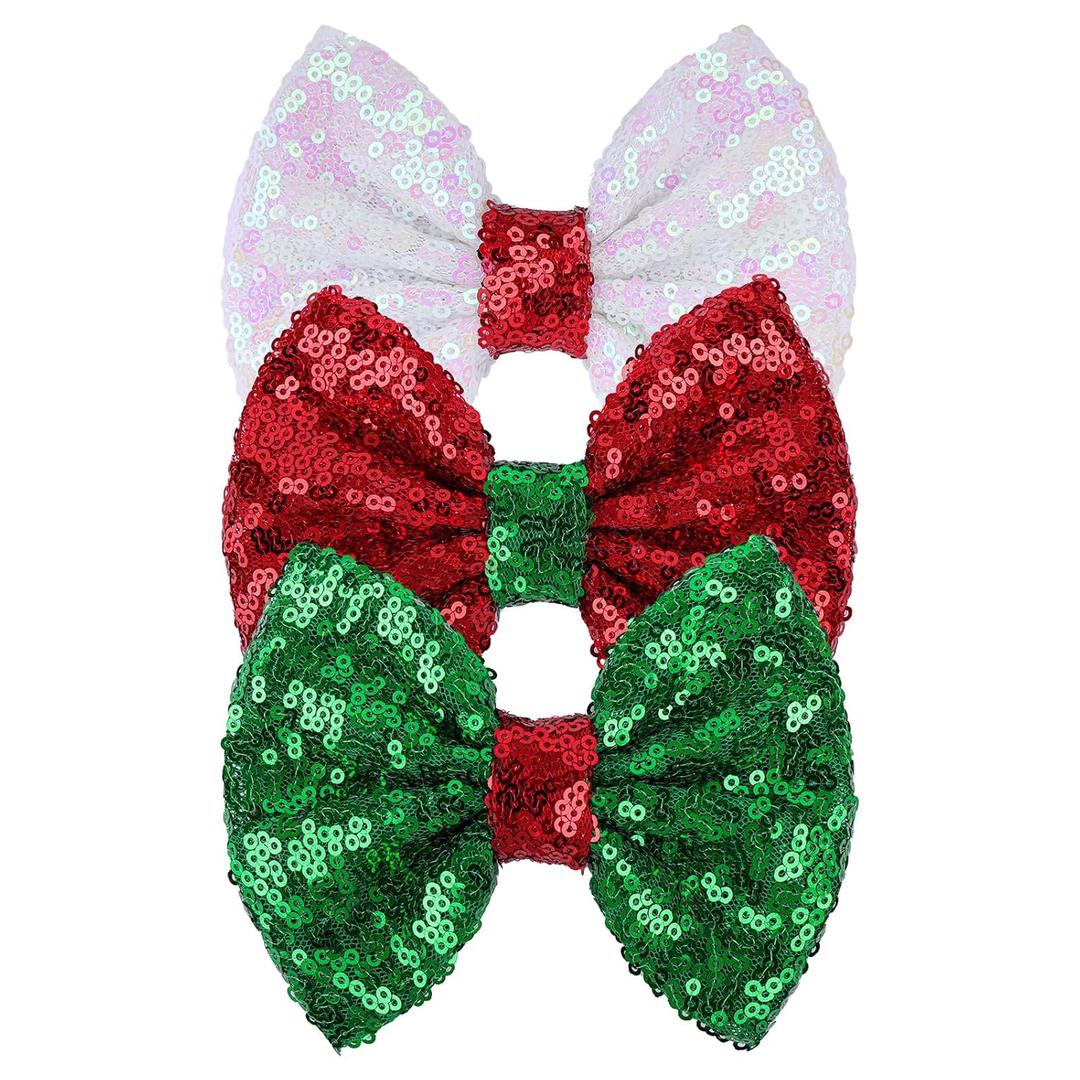 3 x Christmas Hair Accessories - Sequins Bows Alligator Clips with Clips for Girls, Women, Toddlers in Red, White, Green