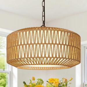 Farmhouse Chandelier Light Fixture, 5-Light Rattan Boho Chandeliers for Dining Room, Hand Woven Pendant Light with Linen Shade, Rustic Hanging Lighting for Kitchen Island, Bedroom (Bulb Not Included) (Bohemian)