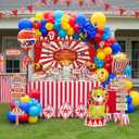 Carnival Theme birthday party decorations & include red blue yellow balloon & foil hot air popcorn balloons & striped banner tablecloth & Backdrop carnival Circus road sign paper card Signboard decor