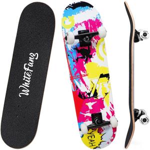 WhiteFang Skateboards for Beginners, Complete Skateboard 31 x 7.88, 7 Layer Canadian Maple Double Kick Concave Standard and Tricks Skateboards for Kids and Beginners (Pink Fantasy)