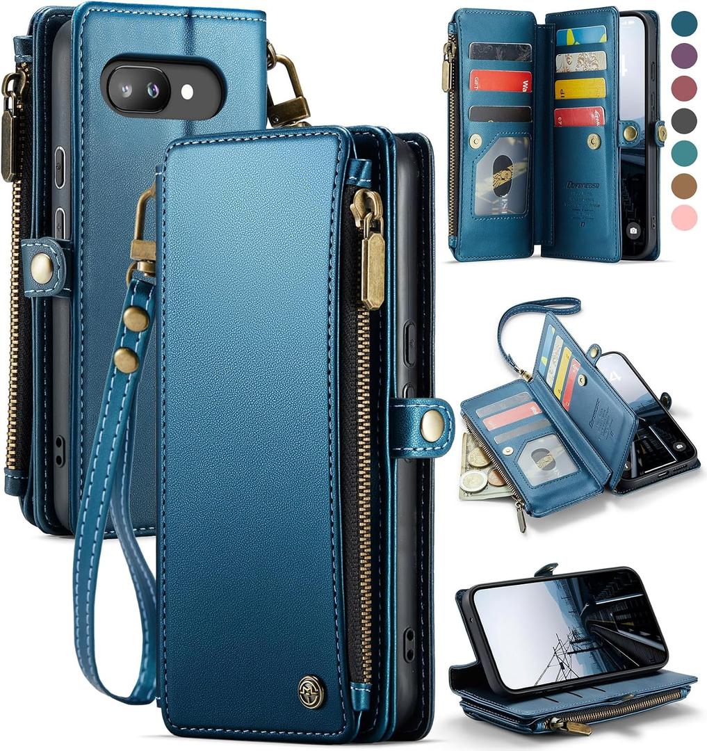 Defencase for Google Pixel 9a Case Wallet with RFID Blocking Card Holder for Women Men, Fashion PU Leather Magnetic Snap Flip Zipper Wrist Strap Wallet Phone Case for Google Pixel 9A 6.3", Dark Blue
