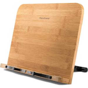 Readaeer Bamboo Book Stand, Large Book Holder with 6 Adjustable Height, Foldable Cookbook Stand Desktop Document Holder for Kitchen & Office (13.4 x 9.3 Inch)