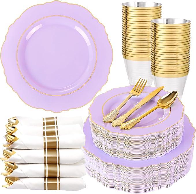 Liacere 350PCS Purple Plastic Plates - Disposable Lavender Plates 50guest Plastic Dinnerware include 100Light purple Plates,50Pack 50Cups for Easter Day