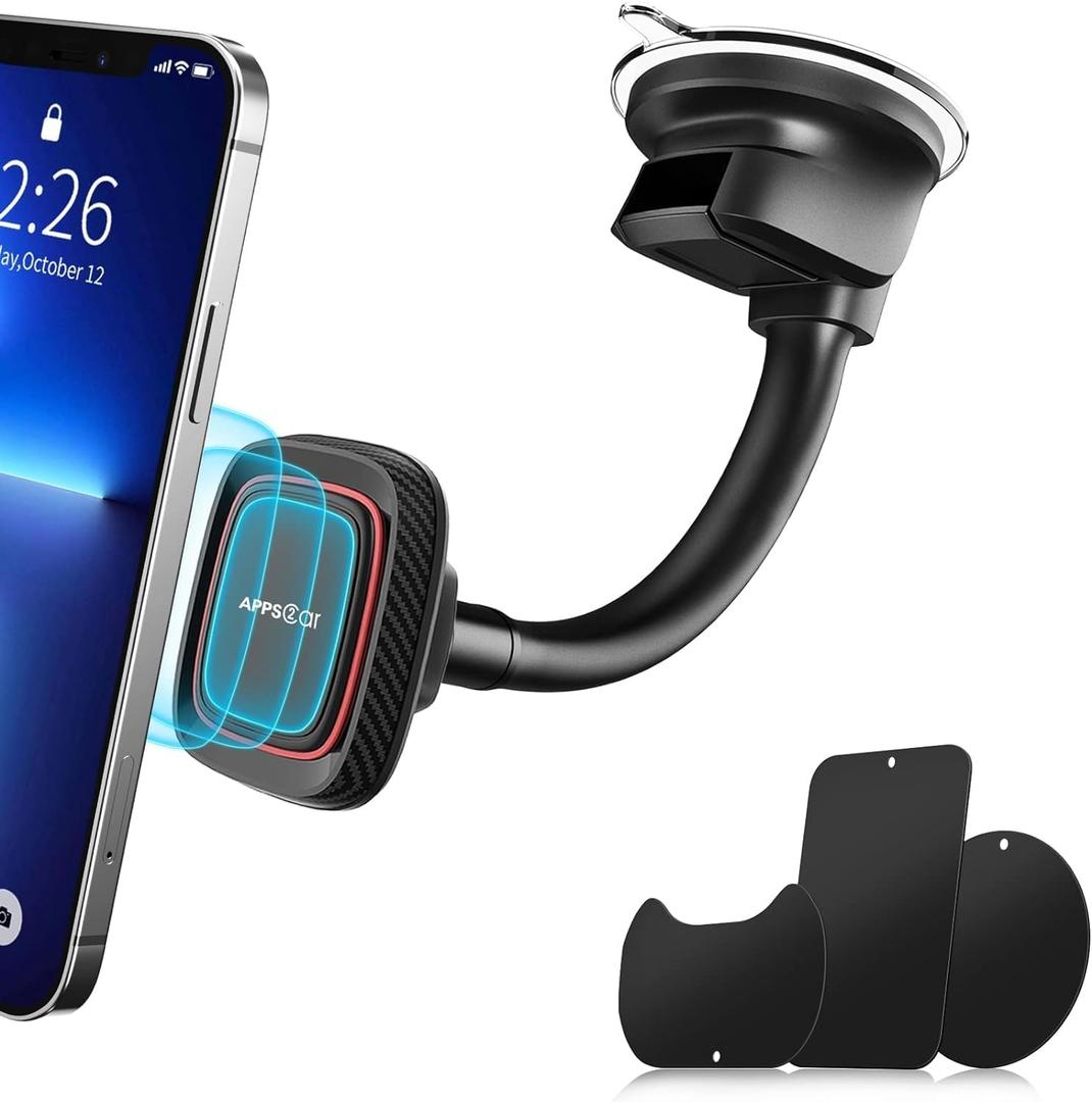 APPS2Car Magnetic Car Phone Holder Mount [6 Strong Magnets], Cell Phone Holder Car [Suction Cup], Phone Car Holder Mount [Windshield Dashboard] fit for Most Smartphones & Mini Tablets (Black-Red)