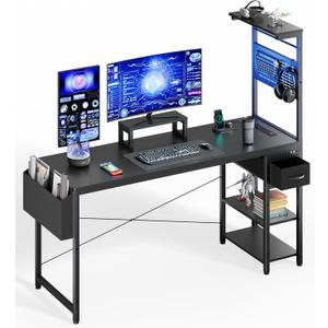 55 Inch Gaming Desk, Computer Desk with Adjustable Storage Rack & LED Lights, PC Gaming Desk with Mini DIY Pegboard, Drawer and Power Outlets for Gaming Room, Carbon Fiber Black