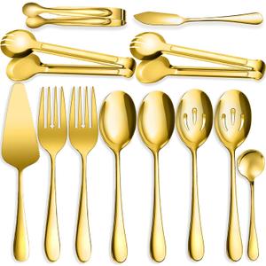 12 PCS Stainless Steel Serving Utensils, Large Spoons Slotted Spoons Forks Tongs, Ice Suger Tongs, Pie Server, Butter Knife, Coffee Spoons, Great for Buffet Catering Banquet Party, Gold