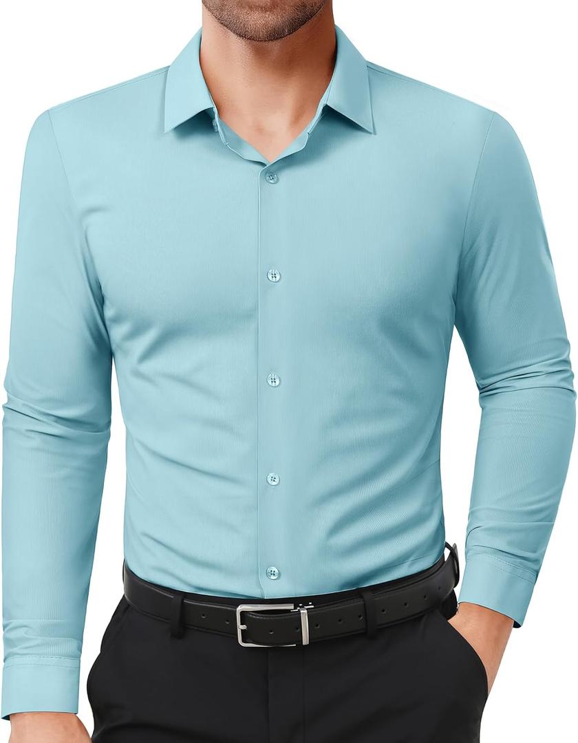 Lion Nardo Slim Fit Dress Shirts for Men Stretch Muscle Fit Long Sleeve Dress Shirts Wrinkle Free Formal Button Down Shirts (Small, Light Grey Blue)