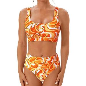 MIKETAI High Waisted Two Piece Swimsuits for Women Tummy Control Tankini Bathing Suits Sporty Printed Swimwear (Orange, M)