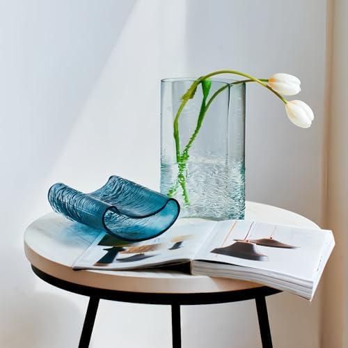Blue Glass Flower Vase 10.6" Tall, 3lb Heavy Art Vases for Home Decor - Unique Decorative Centerpiece for Fresh/Dried Flowers, Modern Table Vase with Sturdy Base