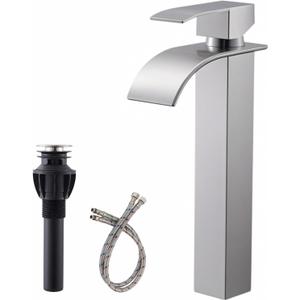 Bathroom Sink Faucet Brushed Nickel Tall Waterfall Single Handle 1 Hole Bathroom Vessel Sink Faucet Stainless Steel Bowl Mixer Tap Wash Basin Lavatory Vanity Faucet with Pop-up Drain