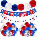 RoundFunny Puerto Rico Party Decorations Puerto Rican Decor Supplies Kit White Blue Red Flag Decorations Banner Paper Pompoms Confetti Balloons Dots Streamer for Party Supply