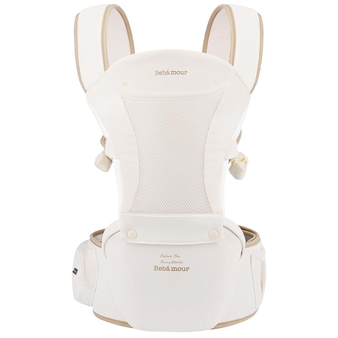 Bebamour Baby Carrier Safety-Certified Hip Seat Baby Carrier Newborn to Toddler Baby Hipseat 0-36Months with Head Hood, 3 PCS Teething Pads, Waist Extender & Storage Bag (New Khaki)