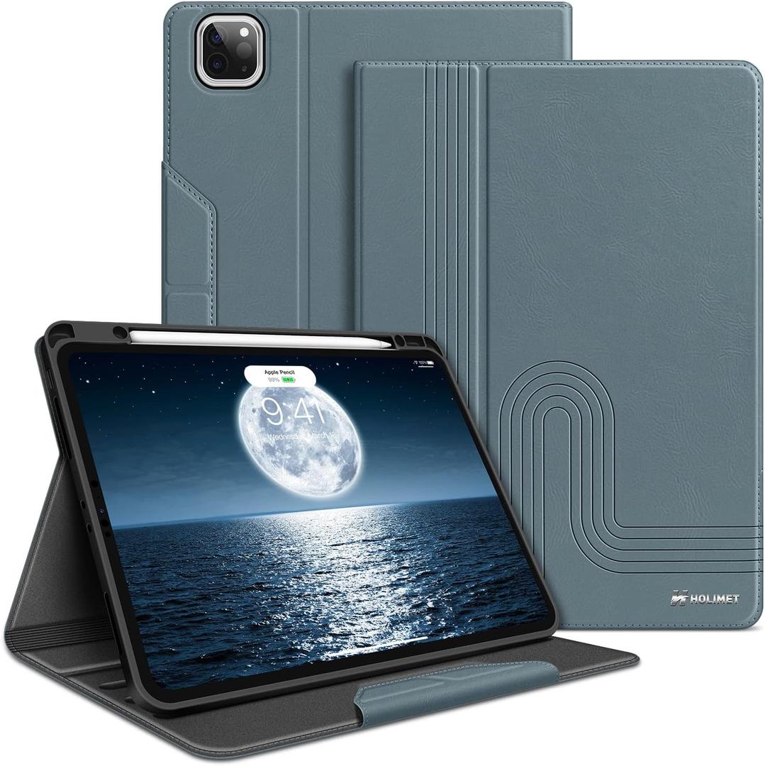 H HOLIMET Case for iPad Pro 12.9 2022 6th/5th/4th/3rd Generation with Pencil Holder Folio Shockproof Auto Sleep/Wake, Vegan Leather (Blue 2nd)