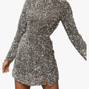 R.Vivimos Women's Sequin Bodycon Dress Fall Winter Velvet Warm Long Sleeve Crew Neck Sexy Backless Glitter Slit Mini Dress, Size Large