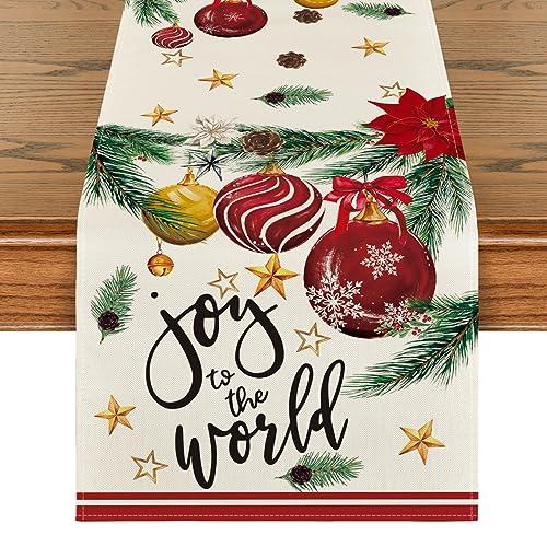 Artoid Mode Xmas Balls Pine Poinsettia Christmas Table Runner, Star Holiday Winter Kitchen Dining Table Decoration for Home Party Decor 13x90 Inch