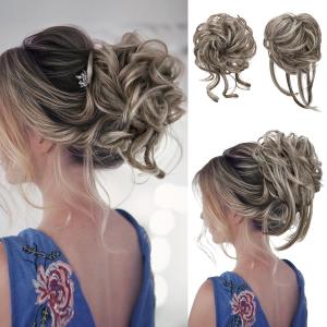 SARLA 2PCS Grey Messy Bun Hair Pieces for Women Wavy Curly Synthetic Hairpieces for Updos with Tendrils Fake Scrunchies Ponytail Extension Ash Grey
