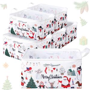 Maxcheck 6 Pcs Large Christmas Basket for Gifts Empty Foldable Xmas Gift Basket Rectangle Christmas Santa Present Storage Bin Fabric Cubes Containers Boxes with Handles for Present Cloth Toy (Colorful)