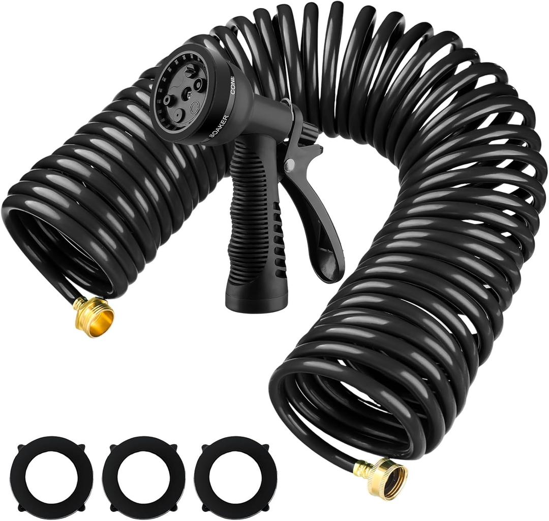 Pangda 75 Ft x 3/8'' Coil Garden Hose EVA Recoil Garden Self Coiling Expanding Water Hose with 6 Function Spray Nozzle Universal 3/4'' Brass Connector Fitting for Outdoor Yard(Black)