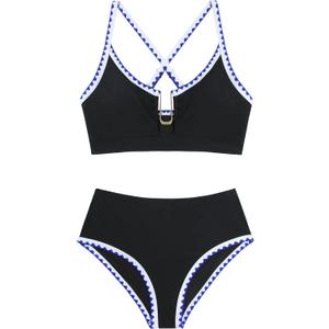 ZAFUL Bikini Sets for Women High Waisted U-Wire Cutout Swim Suits 2025 Textured Two Piece Bathing Suit (Small, White Blue Black)