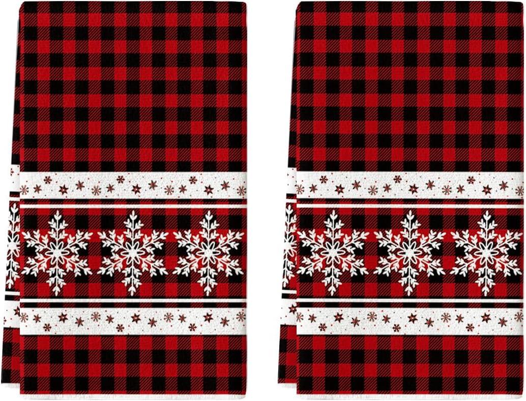 Artoid Mode Red Buffalo Plaid Snowflake Winter Kitchen Towels Dish Towels, 18x26 Inch Farmhouse Holiday Decoration Cleaning Set of 2