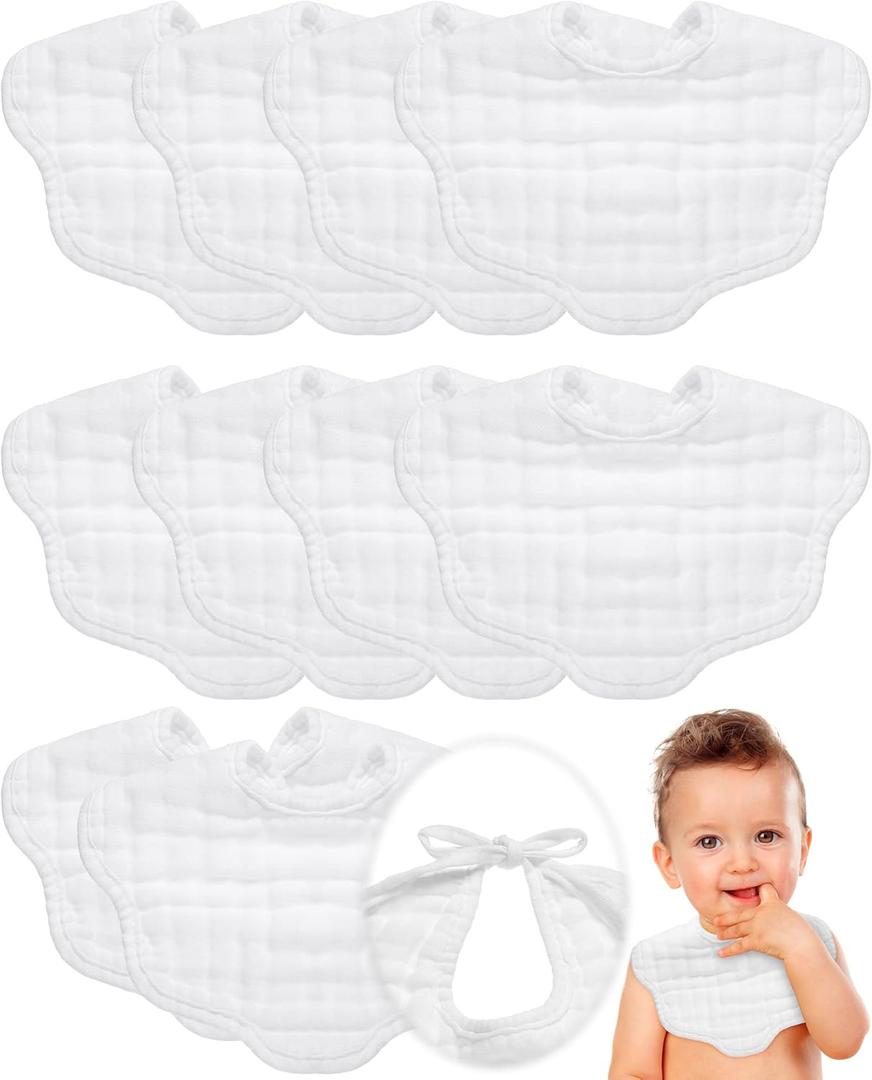 Yahenda 10 Pack Muslin Baby Bibs - White Bandana Drool Bibs, Absorbent Teething Cotton Cloths With Adjustable Straps for Unisex Newborn Infant Toddler, 0-2 Years Old