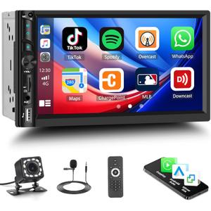 UNITOPSCI Wireless Apple CarPlay Double Din Car Stereo,Wireless Android Auto Bluetooth 7 Inch IPS HD Touchscreen Car Radio,Video Out,DVR, FM/USB/AUX/TF Card Input,Mirror Link, SWC, EQ + Backup Camera