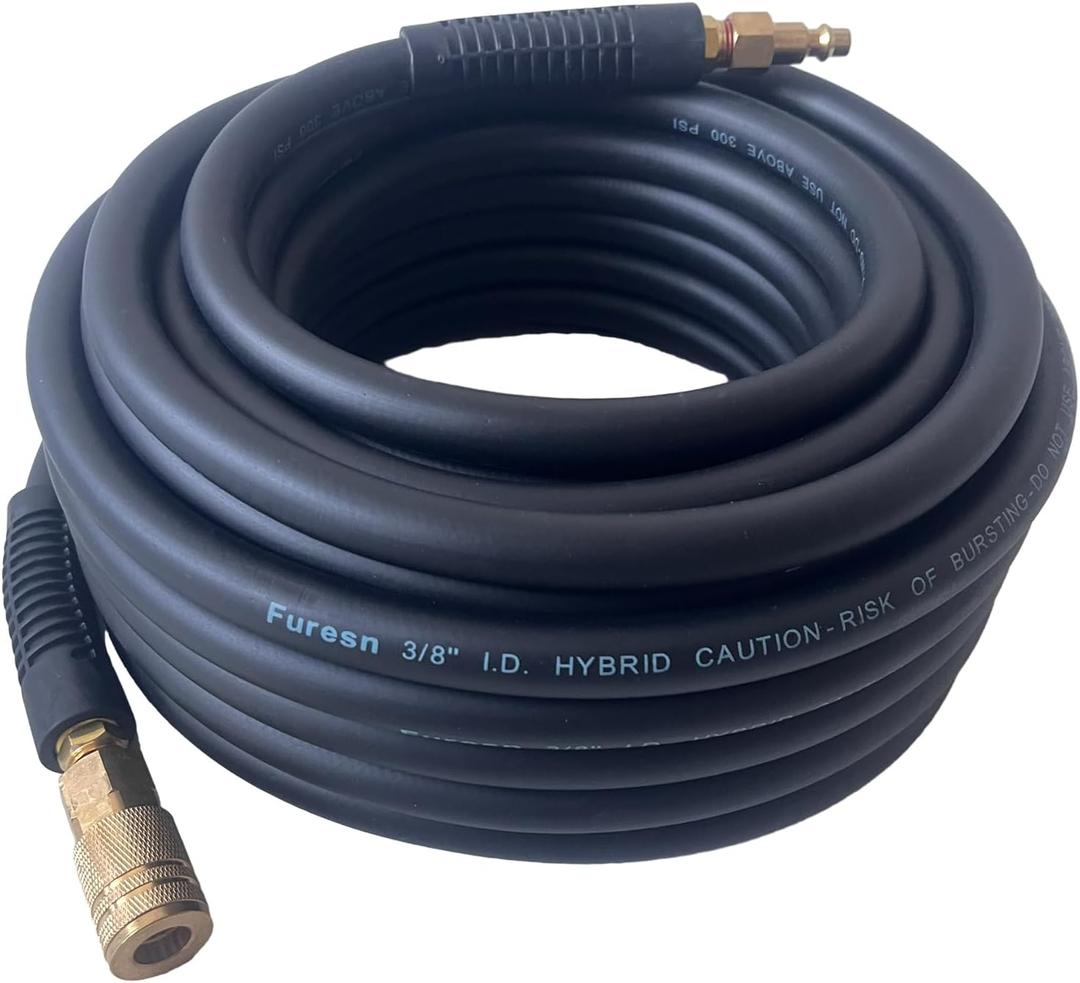 Air Hose 3/8 in x 10 ft, Heavy Duty, Lightweight, Kink Resistant, Hybrid Air Compressor Hose with 1/4 in Solid Brass Male Fittings, Bend Restrictors, 300 PSI (10FT, Black)