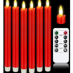 KSWING Upgraded Real Wax LED Flameless Red Taper Candles with Remote, 6 PCS Candlesticks Battery Operated 3D Flickering - 9.6" Long Realistic Fake Candle Sticks for Home/Wedding/Fireplace Xmas Decor