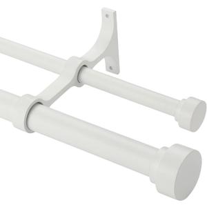Heavy Duty Double Curtain Rods with Cylindrical Cap Finials - 72 to 144' Telescoping Rods, 1 Inch Front, 5/8 Inch Back - Matte White