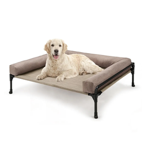 Veehoo Elevated Raised Dog Bed-Cooling Outdoor Dog Cot Bed for Large Sized Dogs Three-Sided Fence Raised Pet Cot with Mesh &No-Slip Feet Dog Hammock Bed with Removable Bolster-35 x 22" Beige Coffee
