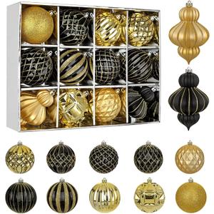 4" Christmas Ball Ornaments Set 12PCS Large Shatterproof Plastic Ornaments Christmas Tree Ball Hanging Ornaments for Xmas Tree Wedding Party Holiday Decorations - Black, Gold
