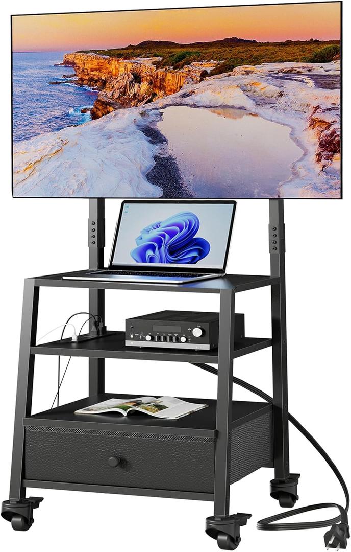 GYIIYUO Rolling TV Stand with Mount and Fabric Drawer for 32-75" TV - Entertainment Center with Charging Station and Industrial TV Console Table for Living Room, Bedroom - Black (19 in)