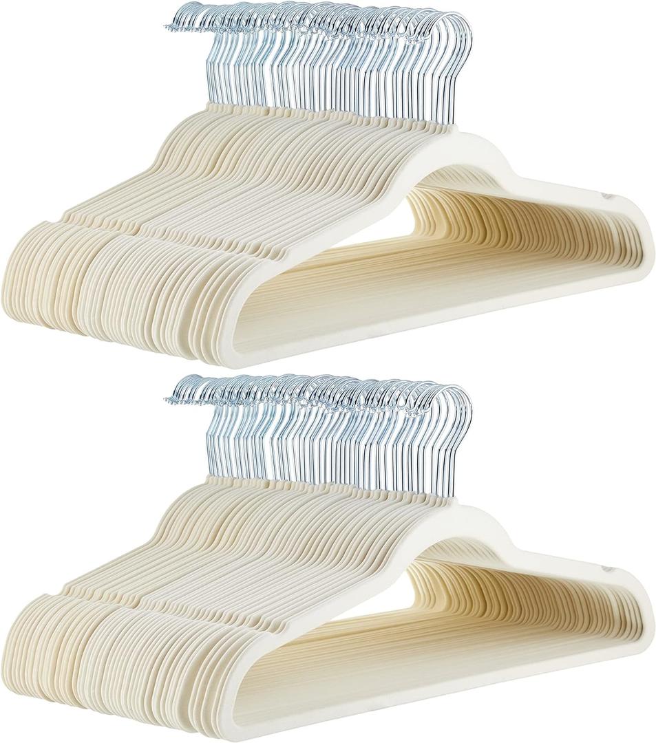 Amazon Basics Slim Velvet Non-Slip Space Saving Suit Clothes Hangers for Closet Organization, Ivory/Beige, 100-Pack