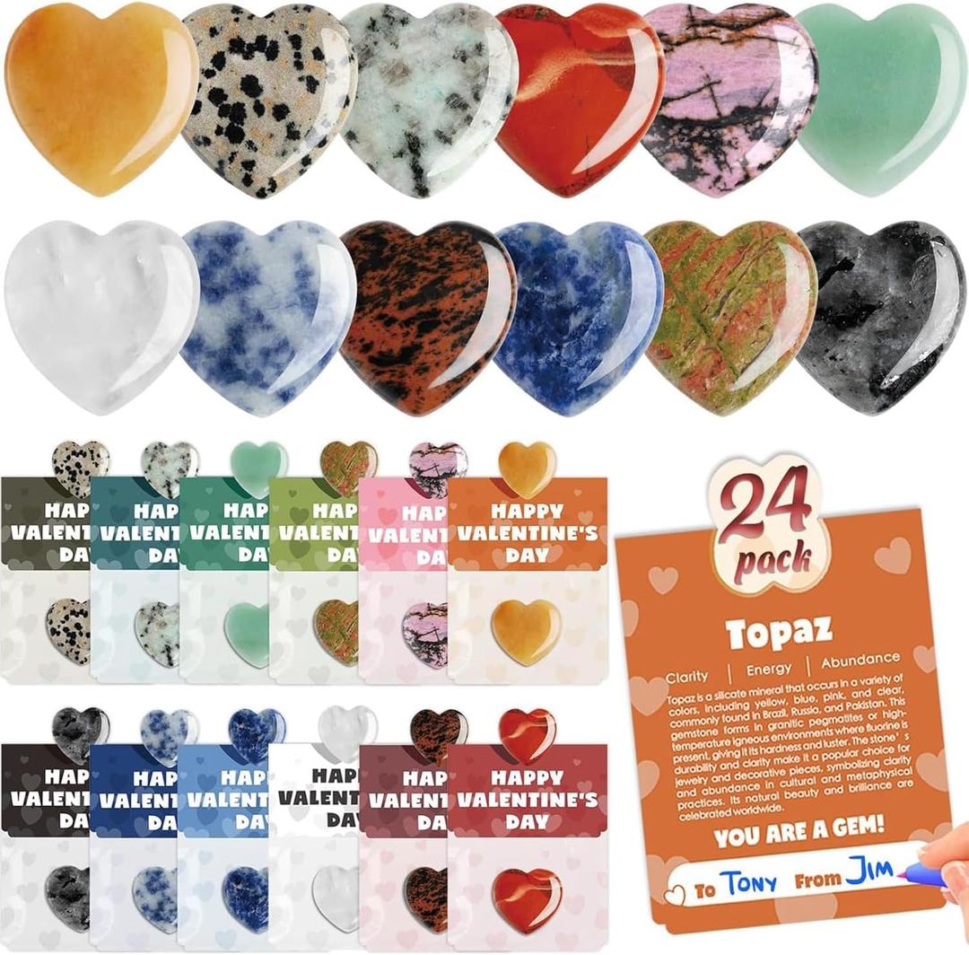 24Pack Valentines Day Gem Gifts for Kids, Heart-Shape Crystal Valentines Cards, Valentines Gift Cards for Kids School Class Classroom (Random acrylic stones) (B2)