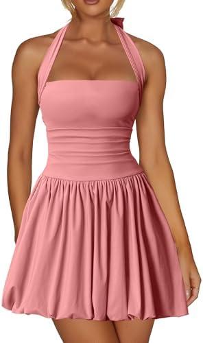 Kaximil Women's Sexy Halter Corset Mini Dress Bubble Ruched Waist Club Party Dresses with Built-in Shorts, L, Pink