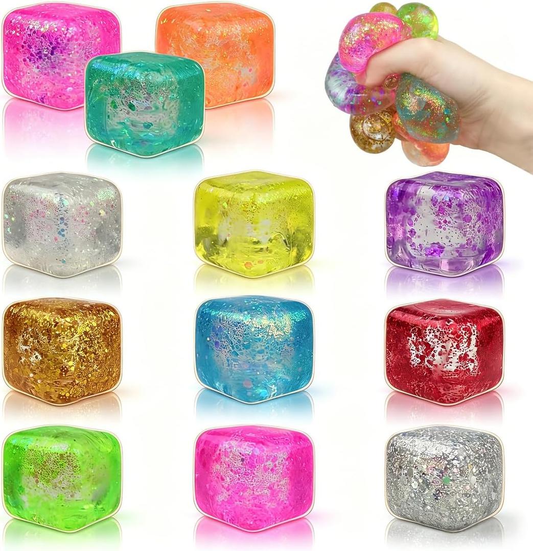 Jofan 11 Pack Squishy Stress Cube Glitter Squeeze Toy Stress Balls Sensory Fidget Toys for Adults Kids Stress Relief Party Favors Birthday Gifts