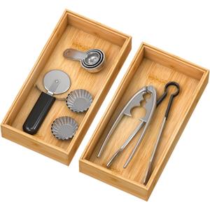 Bamboo Kitchen Drawer Organizer,Stackable Silverware Tray Utensil Organizer Cutlery Holder for Kitchen,Wooden Storage Box for Bathroom, Multi-Use Drawer Organizer for Office,Makeup(12x6x2.5 inch