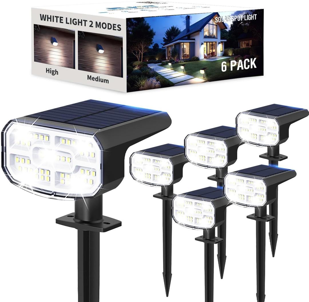 JEJOT Solar Lights Outdoor Waterproof IP65, Super Bright LED, 6500K 2 Lighting Modes, Solar Powered Yard Garden Solar Spot Lights for Outside Landscape Auto On/Off -6 Pack